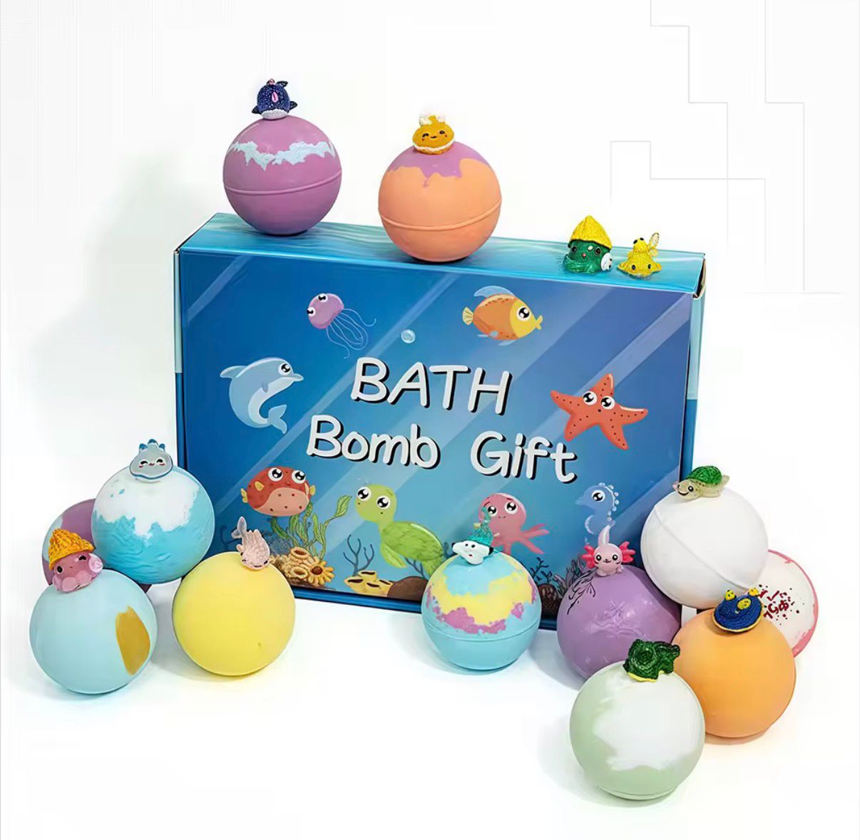 Water Splash bath bomb gift sets organic natural, individual vegan bath bombs with toys for children, colorful fizzy bath fizzies
