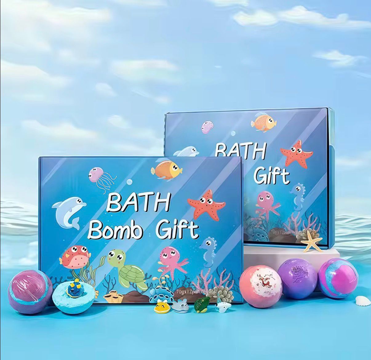 Water Splash bath bomb gift sets organic natural, individual vegan bath bombs with toys for children, colorful fizzy bath fizzies